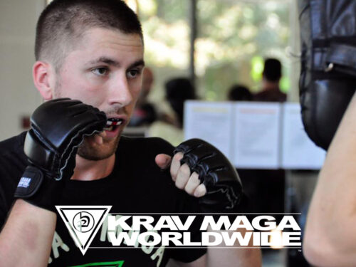 Man wearing MMA training gloves in a fighting stance during Krav Maga self-defense class.