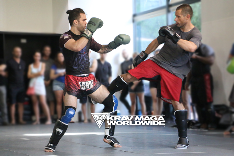 Two men sparring in a Krav Maga fight class, both wearing boxing gloves and protective shin guards.