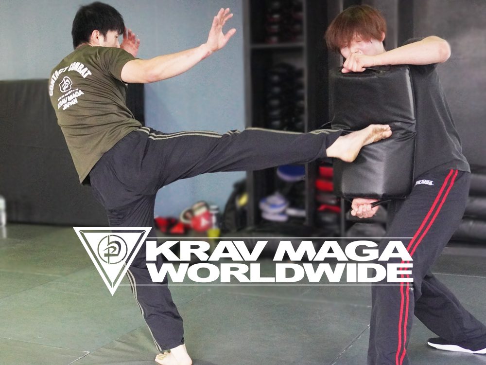 Man throwing Krav Maga round kick to pad in self-defense class.